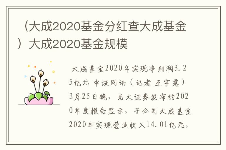 （大成2020基金分红查大成基金）大成2020基金规模