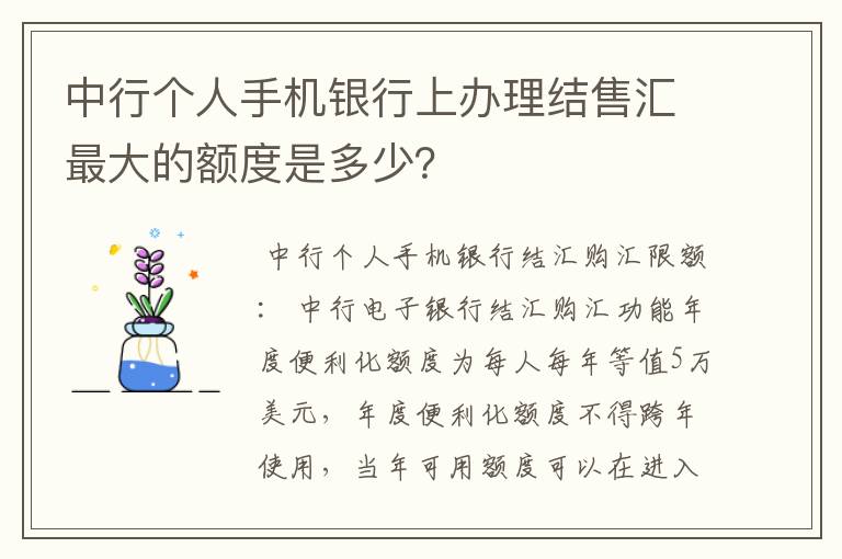 中行个人手机银行上办理结售汇最大的额度是多少？