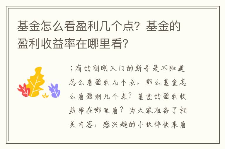 基金怎么看盈利几个点？基金的盈利收益率在哪里看？